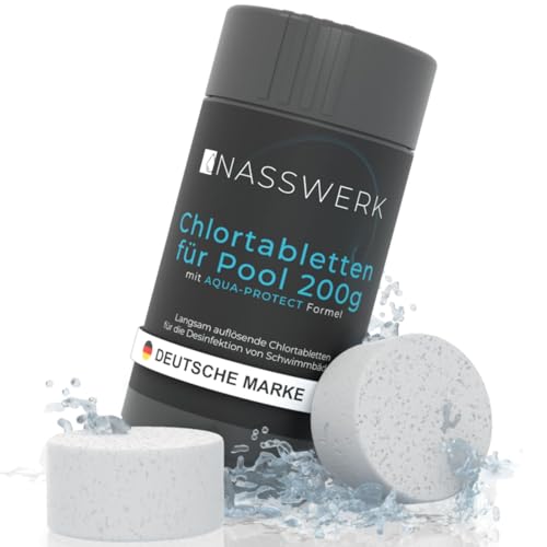 NASSWERK Langzeit Chlortabletten für Pool 200g (1kg bis 10kg) | Chlortabs 200g langsamlöslich zur Langzeitpflege | Große Pool Reinigungstabletten Langzeittabletten zur Desinfektion & Pflege | Pooltabs von Nasswerk