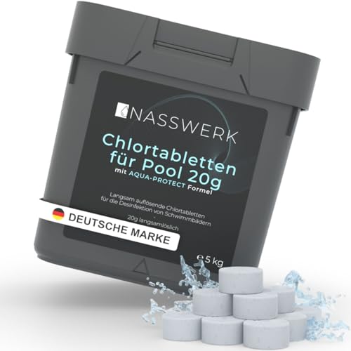 NASSWERK Langzeit Chlortabletten für Pool 20g (1kg bis 10kg) | Chlortabs 20g langsamlöslich für Whirlpool | Chlor Tabletten Pool zur Desinfektion & Pflege | Poolpflege Mini Tabs Langzeittabletten von Nasswerk
