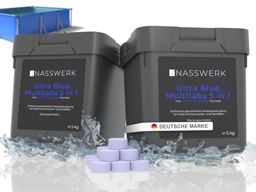 NASSWERK Langzeit Chlortabletten für Pool 5 in 1 (1kg bis 10kg) | 20g Mini Pool Multitabs 5 in 1 | Whirlpool Multi Chlortabs mit Chlor, Algizid, pH Stabilisator, Reiniger & Aquamarin für klares Wasser von Nasswerk