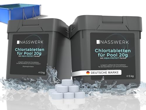 NASSWERK Pool Chlortabletten 20g (10kg) | Chlortabs 20g langsamlöslich zur Langzeitpflege | Chlor Langzeittabletten Pool zur Desinfektion & Pflege | Effektive Mini Pooltabletten Reinigungstabletten von Nasswerk