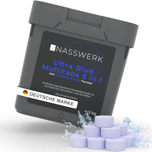 NASSWERK Ultra Blue Multitabs 5 in 1 für Pool (1kh bis 10kg) | 20g Langzeit Chlortabletten für Pool 5 in 1 | Mini Whirlpool Chlortabs mit Chlor, Algizid, pH Stabilisator, Reiniger & Aquamarin von Nasswerk