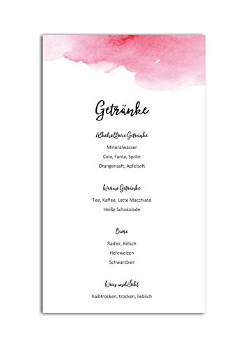 10 Menükarten Hochzeit zum Bedrucken Getränkekarten Tischdeko Hochzeit Platzkarten (Aquarell rosa) von Nastami