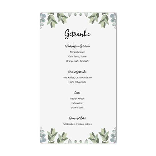 10 Menükarten Hochzeit zum Bedrucken Getränkekarten Tischdeko Hochzeit Platzkarten (Eucalyptus) von Nastami