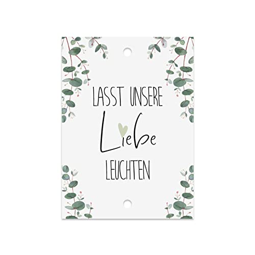 50 Knicklichtschilder Hochzeit Schilder für Knicklichter "Lass unsere Liebe leuchten" (Eucalyptus) von Nastami