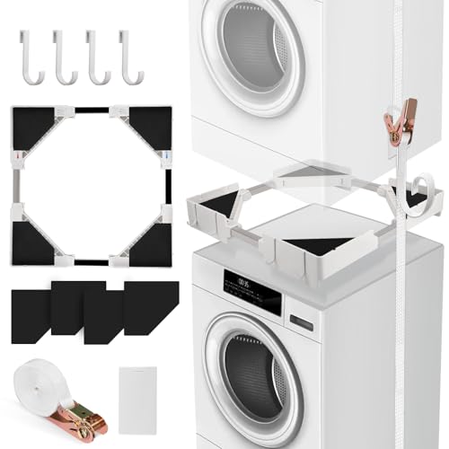 Nastopee Universal Zwischenbaurahmen Set für Waschmaschine und Trockner, 46-66cm Einstellbare Verstellbarer Verbindungsrahmen Kit für 200 kg Platzsparende Untergestell Stapelbausatz mit Ratschenseil von Nastopee