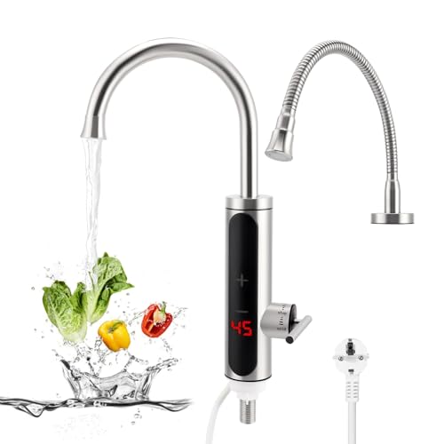 Wasserhahn mit Durchlauferhitzer, Durchlauferhitzer Wasserhahn 3000W 230V Edelstahl, Elektrischer Wasserhahn mit LED Temperaturanzeige, Sofort Warm Küchenarmatur 360° Drehbar für Küche Bad Camping Wasserhahn mit Durchlauferhitzer, Durchlauferhitzer Wasserhahn 3000W 230V Edelstahl, Elektrischer Wasserhahn mit LED Temperaturanzeige, Sofort Warm Küchenarmatur 360° Drehbar für Küche Bad Camping von Nastopee