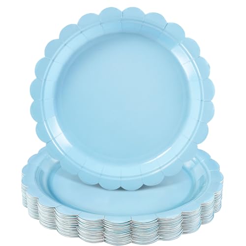 NatNarr 30 Stück Hellblaue Pappteller, 9 Inch Einweg Party Pappteller mit Wellenschliff, Babyblau Dessertteller für Geburtstag, Babyparty, Hochzeit von NatNarr