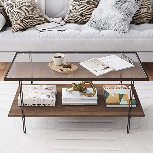 Nathan James Asher Mid-Century Rechteckiger Couchtisch, Glasplatte und Holz-Finish, Aufbewahrungsregal mit matten Metallbeinen, warmes Walnuss/Schwarz von Nathan James