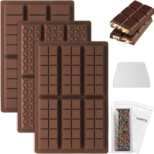 3 Tafeln Tief Schokoladentafel Silikonform mit Schaber und Tasche Tiefe Schokoladenformen aus Silikon Antihaftbeschichtete Schokoladen Silikonform (Streifen + Quadrat + Diamant-Formen) von NathrBTV