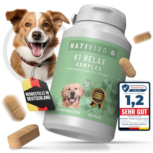 NatiVivo Premium Hunde K1 Relax Komplex – Ergänzungsfuttermittel mit Baldrian & natürlichen Inhaltsstoffen - Unterstützt Ruhe, Gelassenheit & Ausgeglichenheit im Alltag 120 Tabletten Made in Germany von NatiVivo