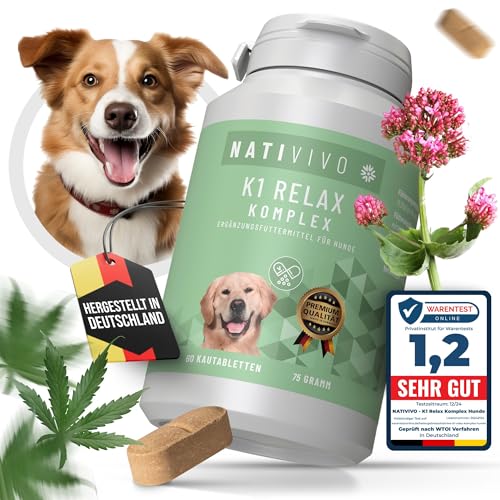 NatiVivo® 60 Tabletten Premium Hunde K1 Relax Komplex Beruhigungsmittel hochdosiert inklusive Baldrian und Hanfsamenöl. Relaxt durch den Alltag! Entspannungs- & Anti-Stressmittel für Hunde von NatiVivo