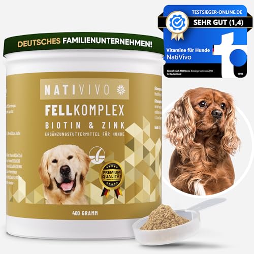 NatiVivo Biotin + Zink für Hunde Pferde Haut & Fell Premium Fellpflege-Komplex für glänzendes Fell & Vitale Hautfunktion 400 Gramm hochdosiert Unterstützt Haut & Fell Made in Germany von NatiVivo