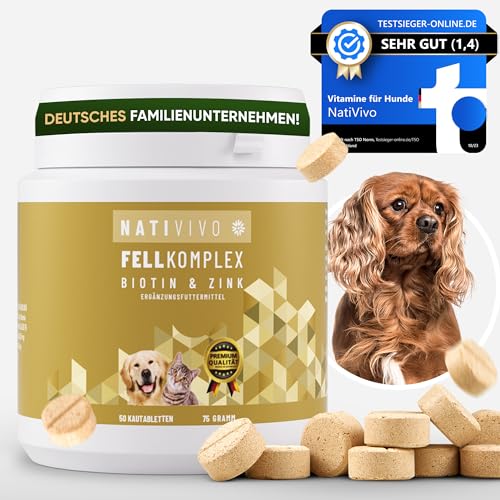 NatiVivo Biotin + Zink für Hunde Katzen Haut & Fell Premium Fellpflege-Komplex für glänzendes Fell & Vitale Hautfunktion 50 Tabletten hochdosiert Unterstützt Haut & Fell Made in Germany von NatiVivo
