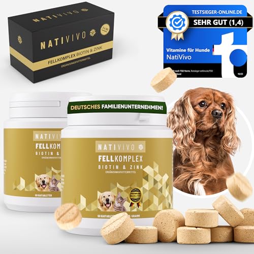 NatiVivo Biotin + Zink für Hunde Haut & Fell Premium Fellpflege-Komplex für glänzendes Fell & Vitale Hautfunktion 2 x 50 Tabletten hochdosiert Unterstützt Haut & Fell Made in Germany von NatiVivo