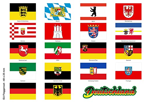 Nation 16 Bundesländer Deutschland Flagge Fahne 18 x Aufkleber Nordrhein-Westfalen Rheinland-Pfalz Saarland Sachsen Thüringen BL (40x20mm) von Nation