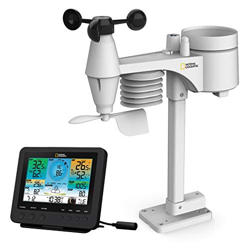 National Geographic Wetterstation Funk mit Aussensensor WLAN Farbwettercenter mit 7-in-1 Profi-Sensor für Wind, Luftfeuchtigkeit, Temperatur, Niederschlag, UV-Level und Lichtintensität, LED, Schwarz von National Geographic