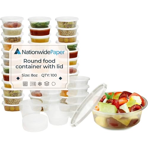 Nationwide Paper 227 ml – 100 Stück runde Kunststoff-Behälter zum Mitnehmen, mikrowellen- und gefriergeeignet, für Mahlzeiten, mit Deckel, BPA-frei (240 ml) von Nationwide Paper
