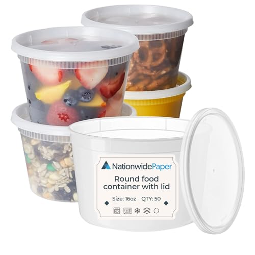 Nationwide Paper 475 ml – 50 Stück runde Kunststoff-Behälter zum Mitnehmen, mikrowellen- und gefriergeeignet, Mahlzeiten, Lebensmittelbehälter mit Deckel, BPA-frei (475 ml) von Nationwide Paper
