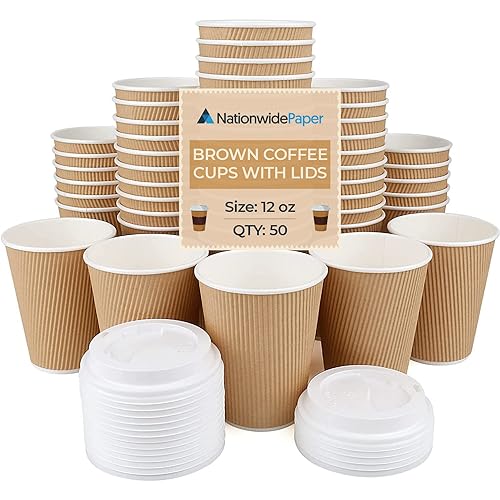 Nationwide Paper Kaffeetassen mit Deckel, 340 ml, Einweg-Kaffeetassen, dreischalt, gewellt, Braun, 50 Stück von Nationwide Paper