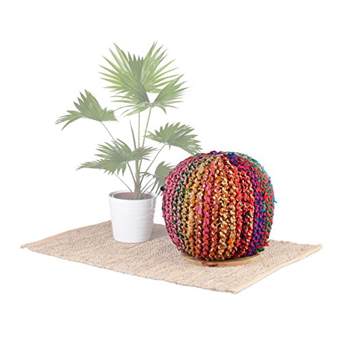 Native Home Pouf Hocker, 2 in 1, Beistelltisch & Sitzhocker, rund, Mangoholz, Strick-Design, HxBxT 40 x 40 x 40 cm, bunt von Native Home