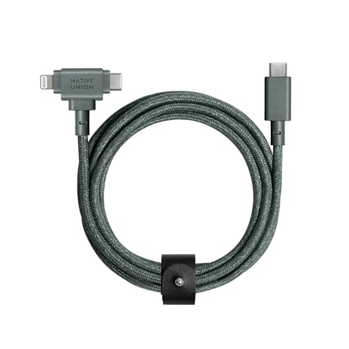 Native Union Belt Cable Duo – 1,5 m Universal-Ladekabel mit Ultra-Starkem Geflechtschlauch – Aus Recyceltem Material – 2-in-1 MFi-zertifizierte Stecker für Lightning- & Type-C-Geräte (Schiefergrün) von Native Union