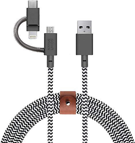 Native Union Belt Cable Universal - 2m (6,5 ft) Langes, Ultrastarkes, [MFi-Zertifiziert], Verstärktes Ladekabel mit 3-in-1 Adapter für Lightning-, USB-C- und Micro-USB-Geräte (Zebra) von Native Union