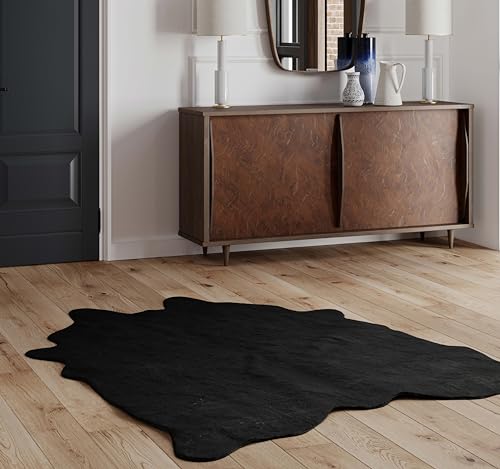NativeSkins Teppich aus Rindslederimitat – Schwarz Mitternacht (klein) | 91 x 122 cm | Kuhdruck | Westernschlafzimmer-Dekor | handgeschnittenes Wildlederimitat mit rutschfester Unterseite | von NativeSkins