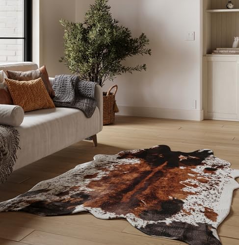 NativeSkins Übergroßer Teppich aus Kunstleder – Original (1,9 m x 2,5 m) – Kuhdruck für eine Western-Boho-Dekoration – synthetischer, tierversuchsfreier Tierfellteppich mit rutschfester Unterseite von NativeSkins