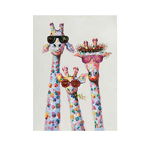 Leinwand Wandkunst Bunte Tier Giraffe Familie mit Brille Malerei Plakate und Drucke Bilder Wohnzimmer Dekor 60x80cm / 23,6"x31,5 Rahmenlos von Nativeemie