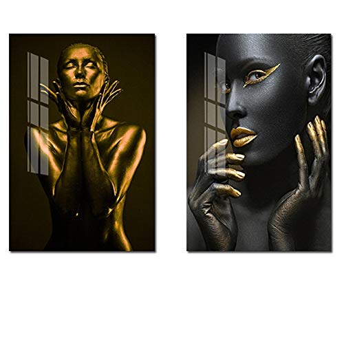 Leinwandbilder Schwarz Gold Afrikanische Kunst Frau Moderne Dekoration Leinwand Malerei Retro Golden und Schwarz Stil Nordic Poster Print 60x80cm/23,6 "x31,5 x 2 Rahmenlos von Nativeemie