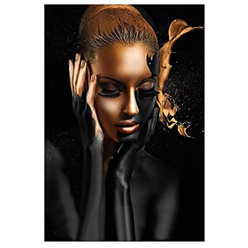 Nativeemie Moderne Malerei Schwarz Gold Frauen Portrait Malerei auf Leinwand Wandkunst Poster Drucke Wandbild für Wohnzimmer Home Wall Decor 60x90cm/23,6 "x35,4 Rahmenlos von Nativeemie