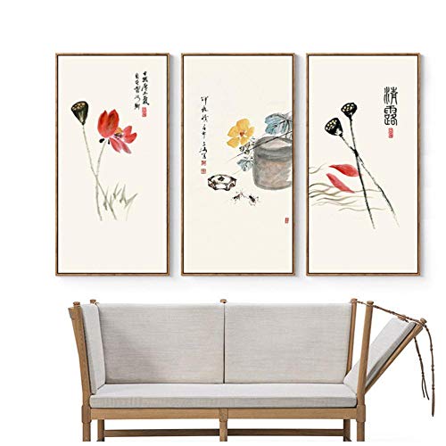 Nativeemie Leinwand Kunstdruck Moderne chinesische Tuschemalerei Malerei Poster von Lotus von Qi Baishi Wandbilder für Wohnzimmer 50x100 cm Kein Rahmen x3 von Nativeemie