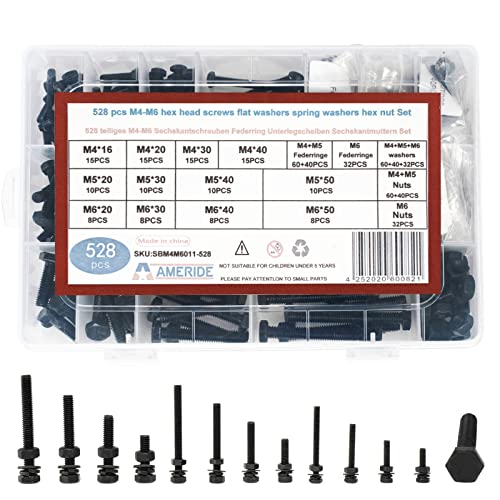 Natsen 528pcs M4 M5 M6 Schrauben Set Sechskantschrauben Kohlenstoffstahl Gewindeschrauben mit Muttern Unterlegscheiben und Federringe Sortiment Kit, Schwarz von Natsen