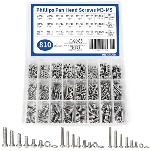 Natsen 810PCS Schrauben Muttern Set M3 M4 M5, 304 Edelstahl Kreuz-Schrauben Rundkopfschrauben mit Muttern und Unterlegscheiben Sortiment Kit mit Aufbewahrungbox von Natsen