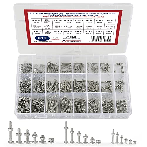 Natsen 813pcs M2 M3 M4 Schrauben Set Innensechskant Linsenkopfschrauben, 304 Edelstahl Gewindeschrauben mit Muttern und Unterlegscheiben Sortiment Kit, Silber von Natsen
