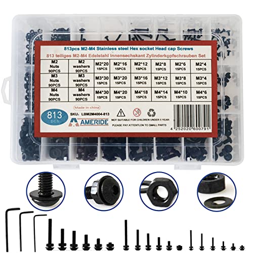 Natsen 813pcs Linsenkopfschrauben M2 M3 M4 Innensechskant Schrauben Set Kohlenstoffstahl Gewindeschrauben mit Muttern und Unterlegscheiben Sortiment Kit, Schwarz Natsen 813pcs Linsenkopfschrauben M2 M3 M4 Innensechskant Schrauben Set Kohlenstoffstahl Gewindeschrauben mit Muttern und Unterlegscheiben Sortiment Kit, Schwarz von Natsen