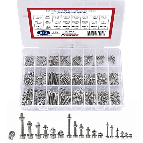 Natsen 813pcs Schrauben Set M2 M3 M4 Zylinderschrauben 304 Edelstahl Gewindeschrauben mit Muttern und Unterlegscheiben Sortiment Kit, Silber Natsen 813pcs Schrauben Set M2 M3 M4 Zylinderschrauben 304 Edelstahl Gewindeschrauben mit Muttern und Unterlegscheiben Sortiment Kit, Silber von Natsen