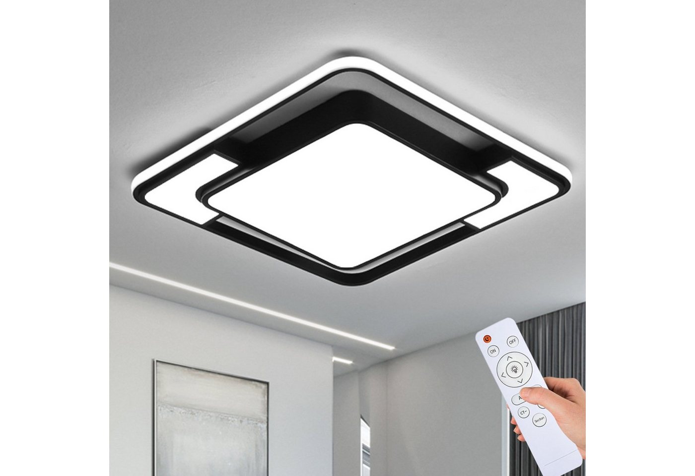 Natsen Deckenleuchte lampe LED Deckenlampe, 90W Warmweiß bis Kaltweiß 3000K-6000K, LED fest integriert, dimmbar mit Fernbedienung, Quadrat für Schlafzimmer Wohnzimmer Esszimmer 42X6cm,Schwarz von Natsen