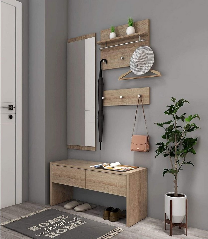 Natsen Garderoben-Set Holz Komplettgarderobe-Set 4tlg. Flurgarderobe, (4-St., inkl.1xSpiegel, 2xGarderobenpanel, 1xBank), Wandgarderobe für Flur Diele Wohnzimmer von Natsen