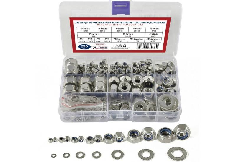 Natsen Muttern Sechskant Sicherungsmuttern mit Unterlegscheiben Set, (296-St), Edelstahl, Silber von Natsen