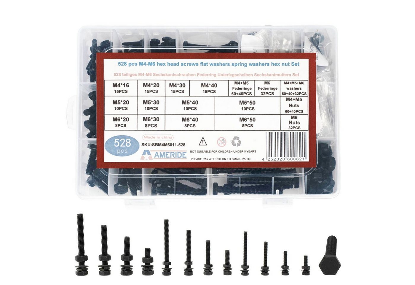 Natsen Schrauben-Set, (528 St), 528pcs Sechskantschrauben M4 M5 M6 Schrauben Muttern, Unterlegscheiden Sortiment, Edelstahl Schwarz von Natsen