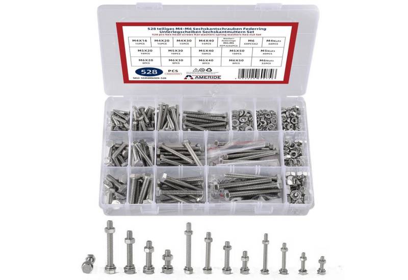 Natsen Schrauben-Set, (528 St), 528pcs Sechskantschrauben M4 M5 M6 Schrauben Muttern, Unterlegscheiden Sortiment, Edelstahl Silber von Natsen