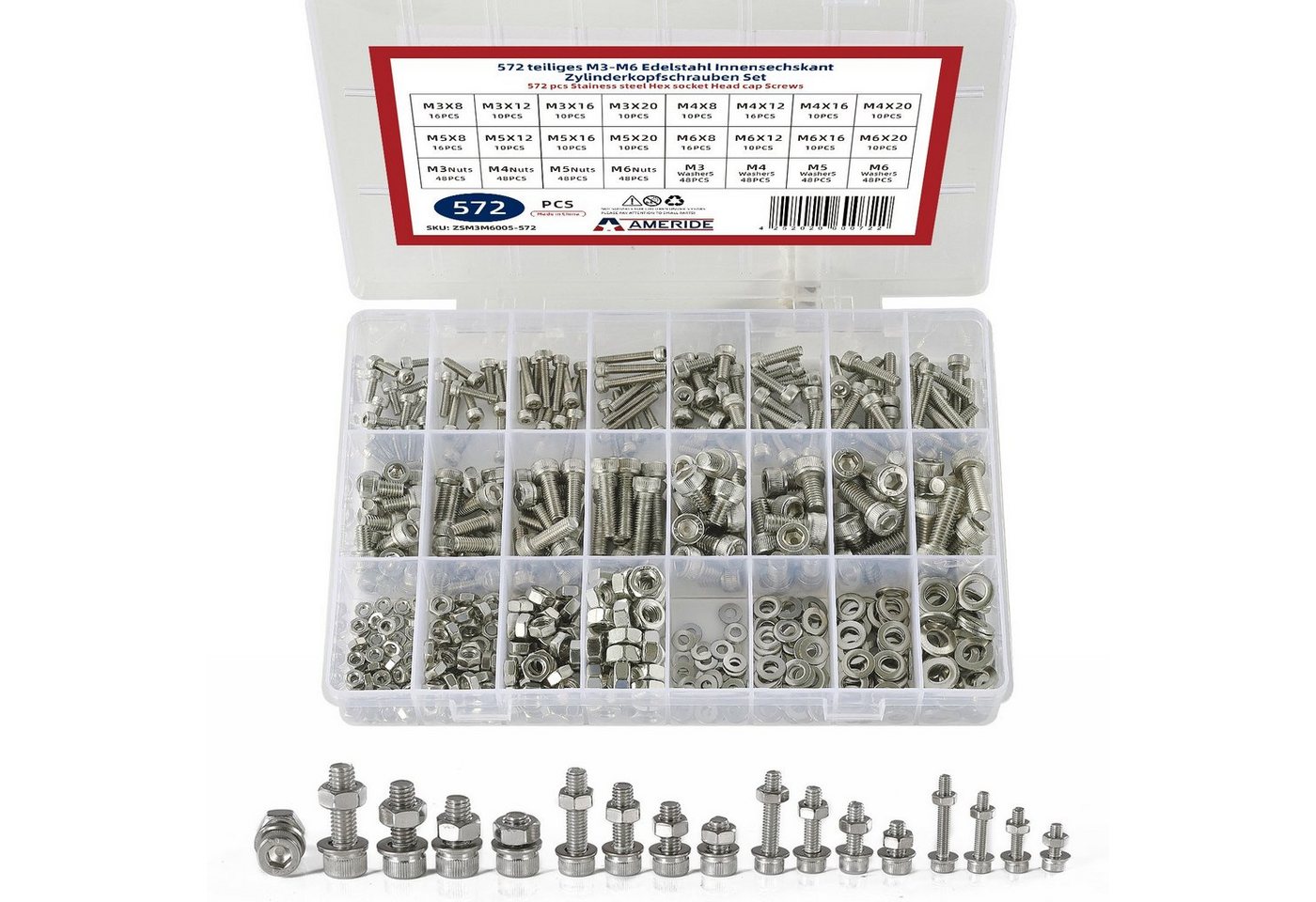 Natsen Schrauben-Set, (572 St), 572pcs Innensechskant Zylinderschrauben M3 M4 M5 M6 Edelstahl Schrauben Muttern Sortiment Set,Silber von Natsen