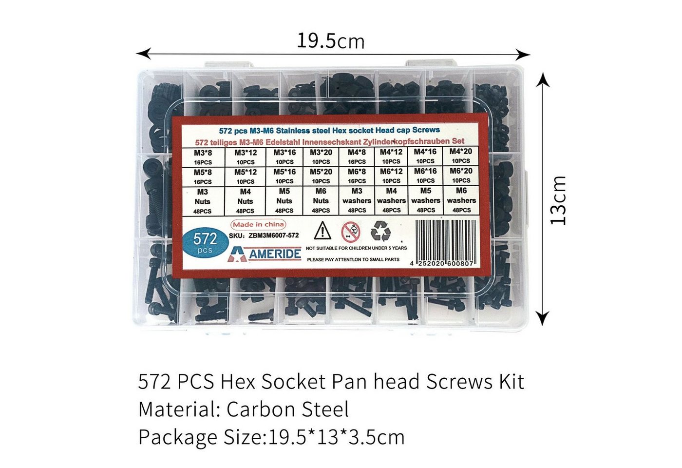 Natsen Schrauben-Set, (572 St), 572pcs Innensechskant Zylinderschrauben M3 M4 M5 M6 Kohlenstoffstahl Schrauben Muttern Sortiment Set, Schwarz von Natsen