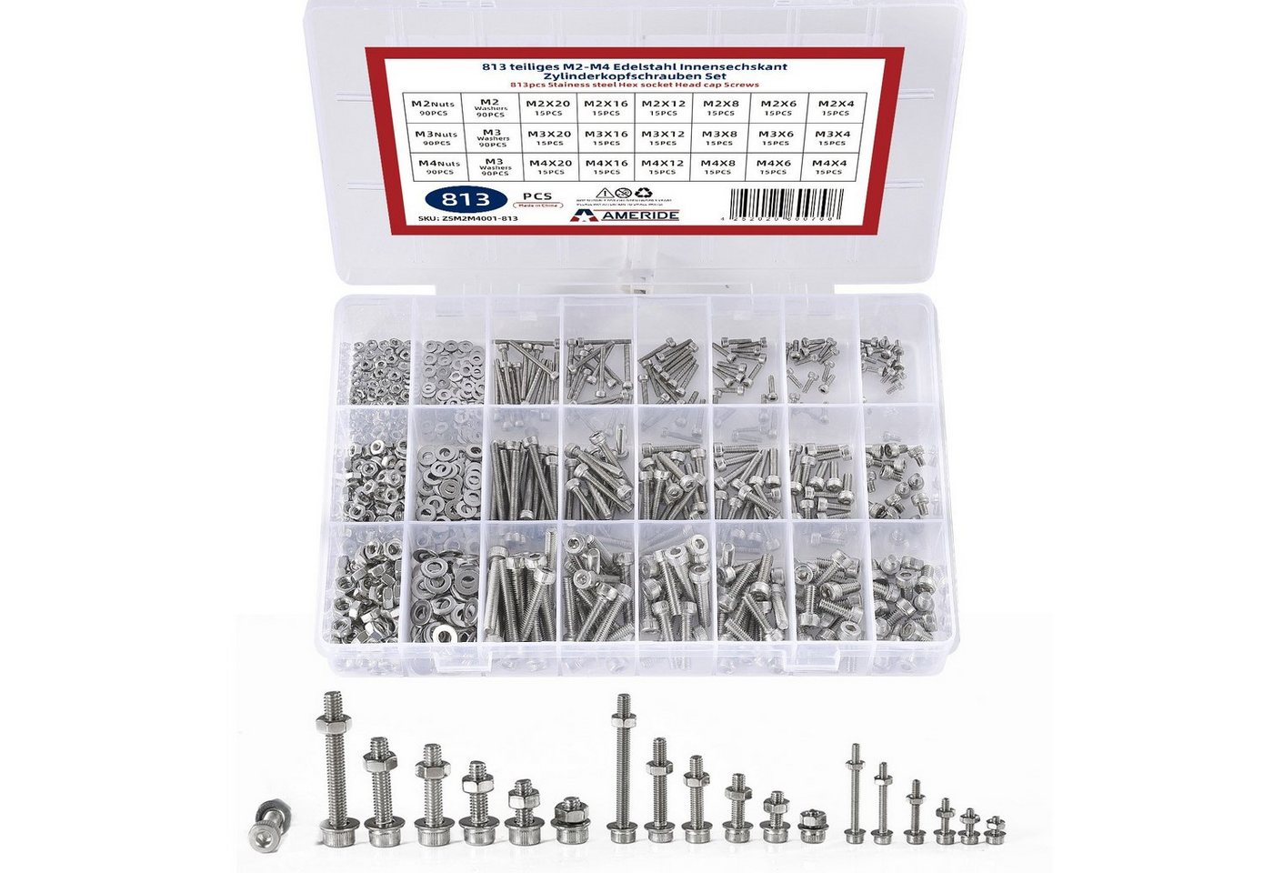 Natsen Schrauben-Set, (813 St), 813pcs Innensechskant Zylinderschrauben M2 M3 M4 Edelstahl Schrauben Muttern Sortiment Set,Silber von Natsen