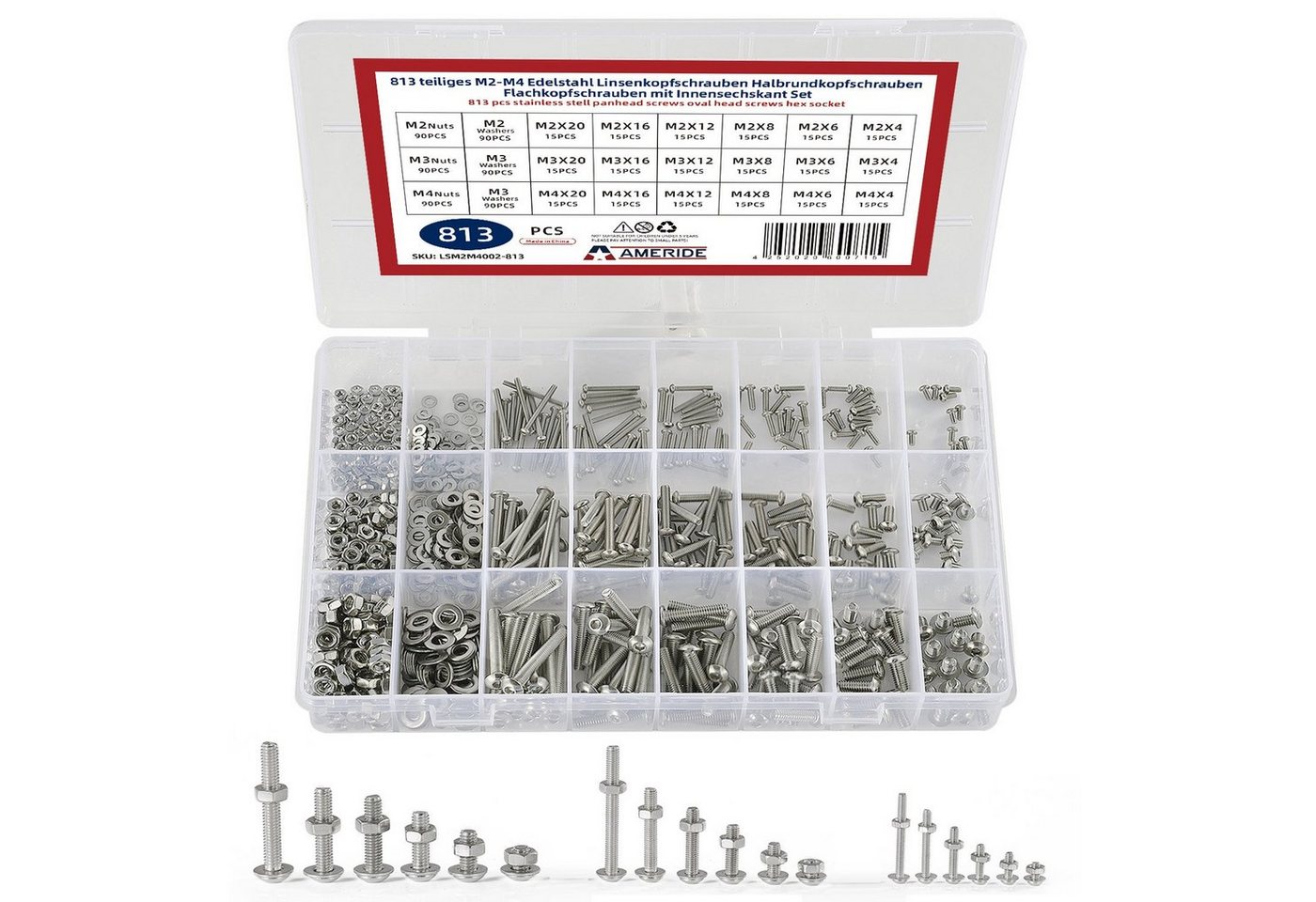 Natsen Schrauben-Set, (813 St), Edelstahl M2-M4 Innensechskant Linsenkopfschrauben Set 813pcs Silber von Natsen