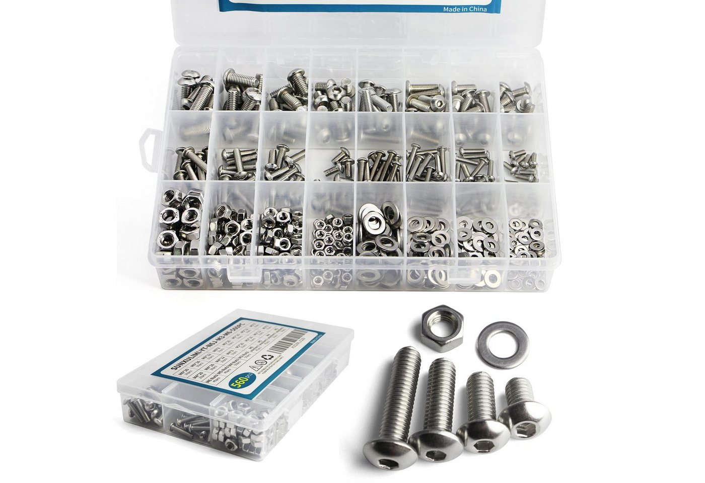 Natsen Schrauben-Set 560pcs Linsenkopfschrauben Innensechskant M3 M4 M5 M6, (mit Muttern und Unterlegscheiben, Edelstahl), Linsenschrauben Maschinenschrauben Sortiment Kit in Aufbewahrungsbox von Natsen