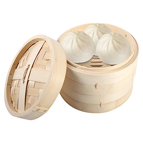 Bambus-Dämpfkorb 8,7 Zoll 2 Ebenen Chinesischer Dim Sum-Korb Mit Deckel Knödel-Dampfgarer Zum Kochen von Dim Sum-Hähnchen-Fisch-Gemüse(22cm) von Natudeco