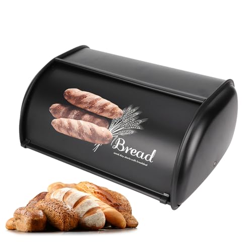 Natudeco Brotkasten Brotbox Brothalter Vorratsbehälter Große Kapazität Edelstahl Brotkasten Küchenorganisator Küchendekoration mit Rolldeckel für Brotaufbewahrung 34x23x14.5cm (Schwarz) von Natudeco