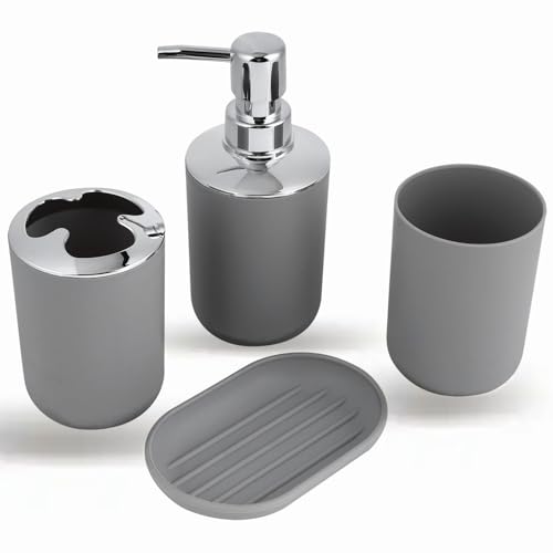 Natudeco Badezimmer-Kit-Zubehör, 4-teiliges Set aus Kunststoff, Waschtisch-Set, Lotionsflasche, Aufbewahrungsbecher, Spülbecher, Seifenschale Hotel-Badezimmer-Organizer Heimdekoration(Grau) von Natudeco